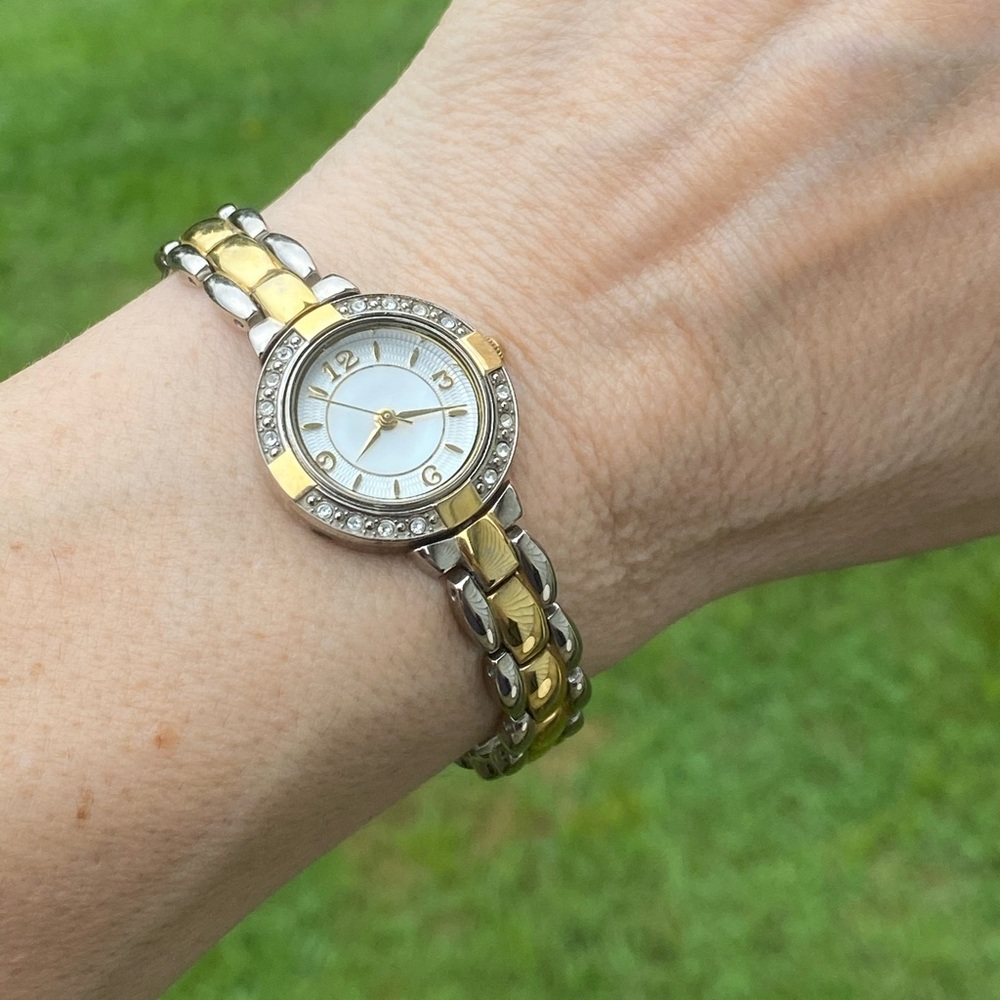 Valletta gold silver tone link watch w/ crystal accents fully functioning